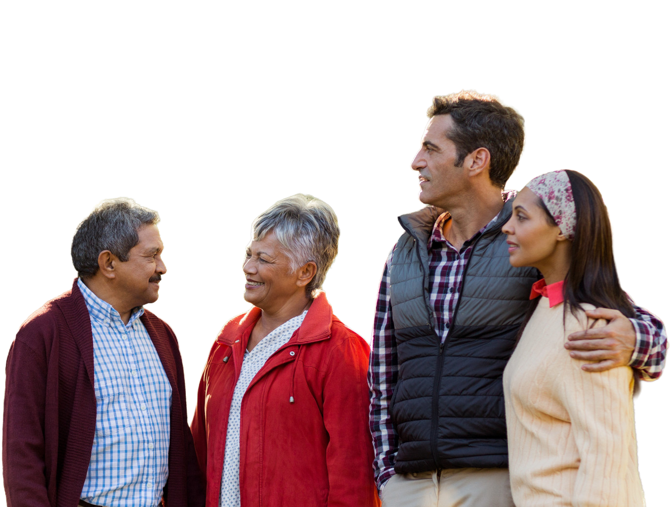 Two older adults smiling with their adult children