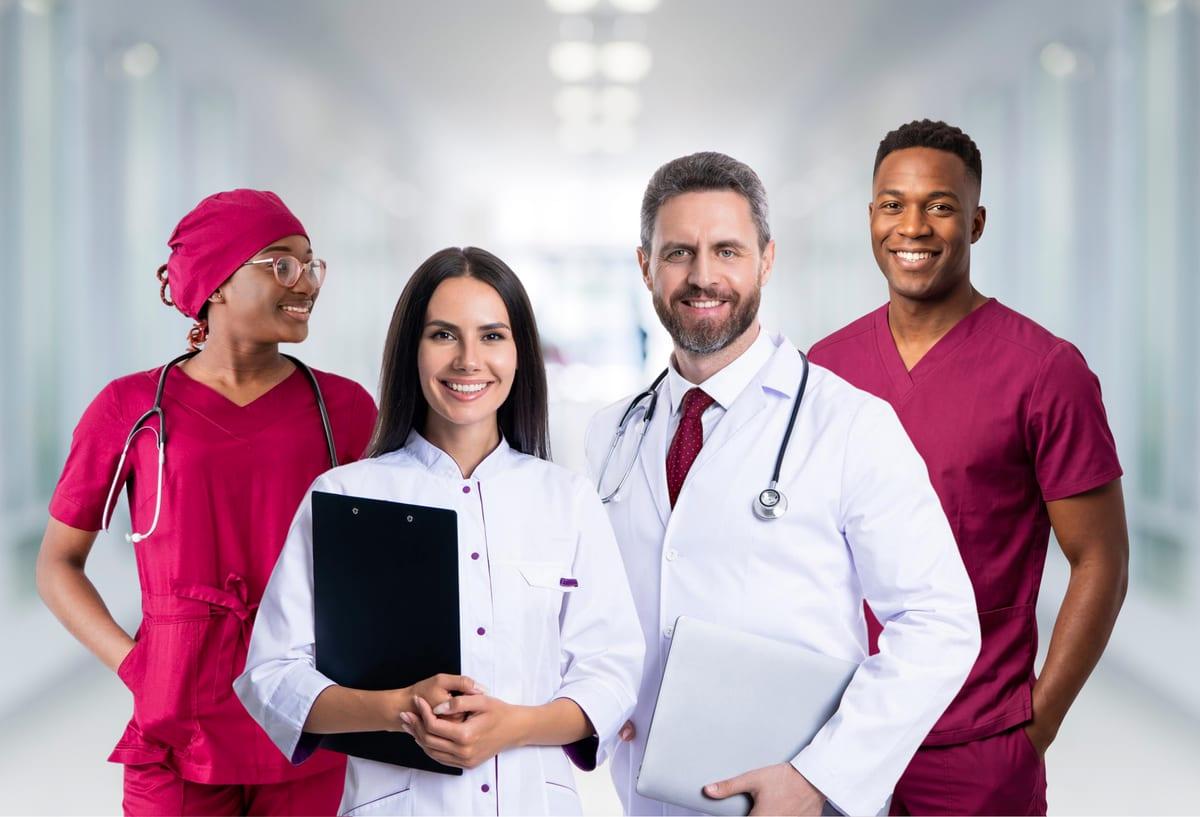 Four smiling clinicians in scrubs and white coats